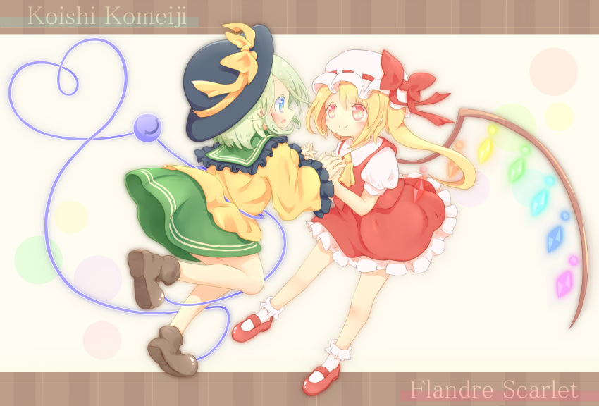 22m 2girls ascot black_headwear blonde_hair blouse blue_eyes bobby_socks bow brown_background brown_footwear character_name closed_mouth collared_shirt eye_contact flandre_scarlet frilled_shirt_collar frilled_skirt frilled_sleeves frills full_body green_hair green_skirt hat hat_bow hat_ribbon heart heart_of_string interlocked_fingers komeiji_koishi long_hair long_sleeves looking_at_another mary_janes medium_hair mob_cap multicolored_wings multiple_girls one_side_up open_mouth puffy_short_sleeves puffy_sleeves red_bow red_eyes red_footwear red_ribbon red_skirt red_vest ribbon ribbon-trimmed_headwear ribbon_trim shirt shoes short_sleeves simple_background skirt skirt_set socks third_eye touhou vest white_headwear white_socks wide_sleeves wings yellow_ascot yellow_bow yellow_ribbon yellow_shirt