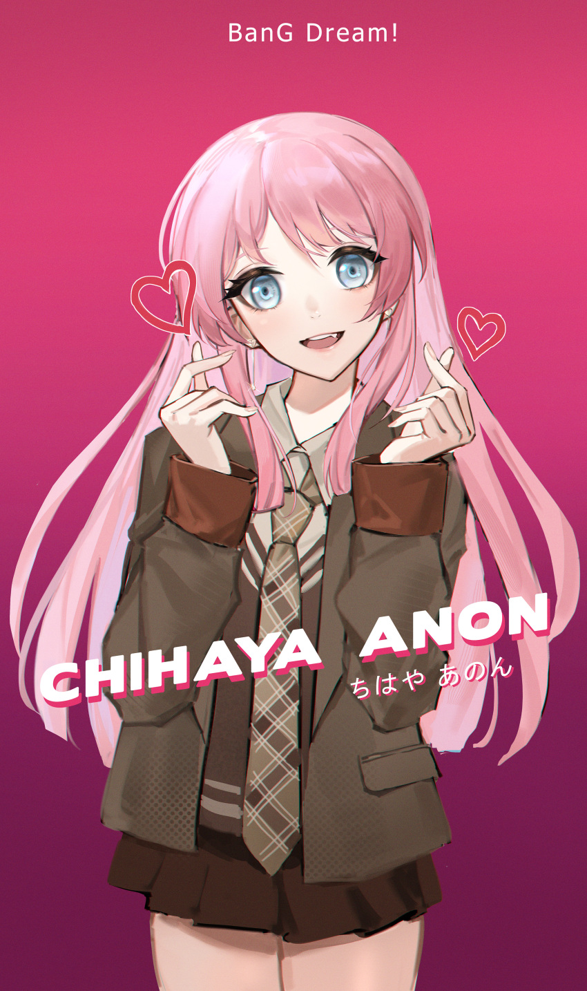 1girl absurdres bang_dream! bang_dream!_it's_mygo!!!!! brown_jacket brown_necktie brown_shirt brown_skirt brown_vest character_name chihaya_anon chinese_commentary collared_shirt commentary cowboy_shot double_finger_heart dress_shirt fang finger_heart gradient_background grey_eyes hands_up head_tilt highres jacket long_hair long_sleeves looking_at_viewer necktie open_clothes open_jacket open_mouth pink_hair pleated_skirt purple_background shirt skirt solo teeth translated upper_teeth_only vest yaxiya