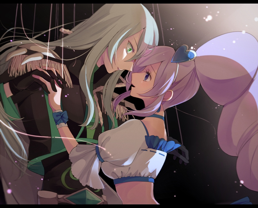 1boy 1girl aono_miki black_background black_gloves black_shirt blue_bow blue_choker blue_eyes blue_wrist_cuffs bow cape choker closed_mouth couple crop_top cure_berry earrings epaulettes eye_contact fresh_precure! frills from_side gloves green_eyes grey_hair hair_ornament hairband heart heart_hair_ornament hetero highres holding_hands interlocked_fingers jewelry letterboxed light_particles long_hair looking_at_another magical_girl midriff open_mouth ponytail popped_collar precure profile purple_hair shirt smile souler_(fresh_precure!) uri_(birdog) white_hairband wide-eyed wrist_bow wrist_cuffs