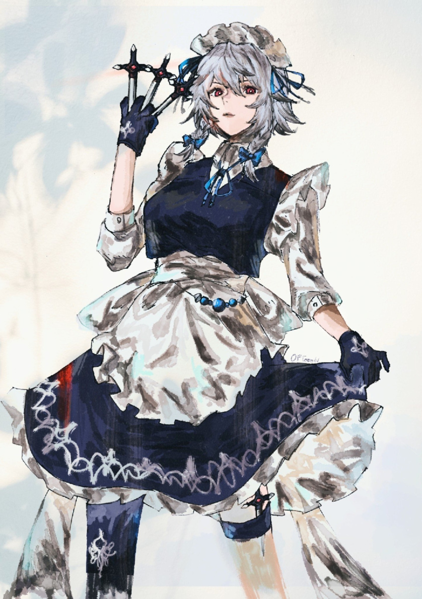 1girl aojirozame1228 apron between_fingers blue_bow blue_dress blue_gloves blue_skirt bow braid closed_mouth clothes_lift dagger dress embodiment_of_scarlet_devil frilled_apron frills gloves grey_hair hair_bow highres holding holding_dagger holding_knife holding_weapon izayoi_sakuya knife knives_between_fingers long_sleeves maid maid_apron maid_headdress pleated_dress pleated_skirt red_eyes short_hair side_braid simple_background single_thighhigh skirt skirt_lift solo thigh-highs thigh_strap touhou twin_braids waist_apron weapon white_background white_hair