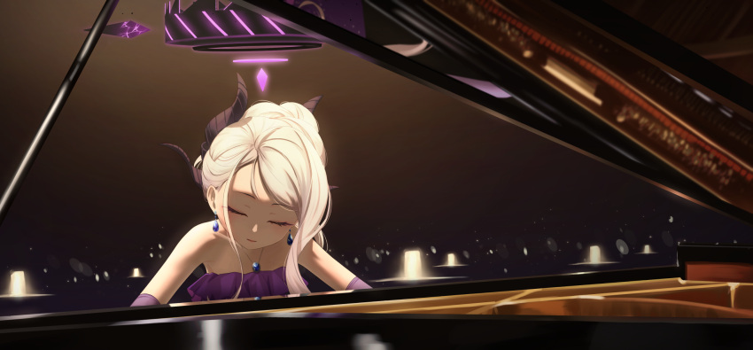 1girl black_horns blue_archive closed_eyes closed_mouth dangle_earrings demon_horns dress earrings elbow_gloves gloves grand_piano halo highres hina_(blue_archive) hina_(dress)_(blue_archive) horns instrument jewelry kis_sako long_hair multiple_horns music necklace pendant piano playing_instrument playing_piano purple_dress purple_gloves smile solo strapless strapless_dress white_hair