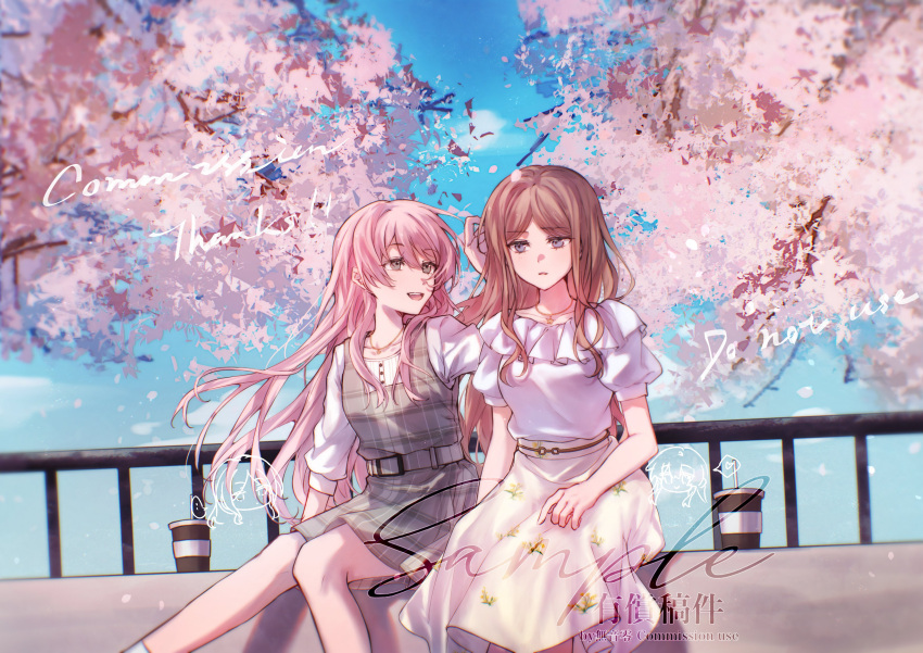 2girls absurdres bang_dream! bang_dream!_it's_mygo!!!!! belt belt_buckle blue_eyes breasts brown_hair buckle cherry_blossoms chihaya_anon collarbone commentary commission cup day disposable_cup dress english_text falling_petals floating_hair frilled_shirt frills grey_belt grey_dress grey_eyes hair_between_eyes highres jewelry long_hair looking_at_another medium_breasts multiple_girls muonrei00 nagasaki_soyo necklace open_mouth outdoors parted_lips petals pinafore_dress pink_hair puffy_short_sleeves puffy_sleeves railing sample_watermark shirt short_sleeves sidelocks sitting skirt sleeveless sleeveless_dress sleeves_past_elbows teeth upper_teeth_only watermark white_shirt white_skirt