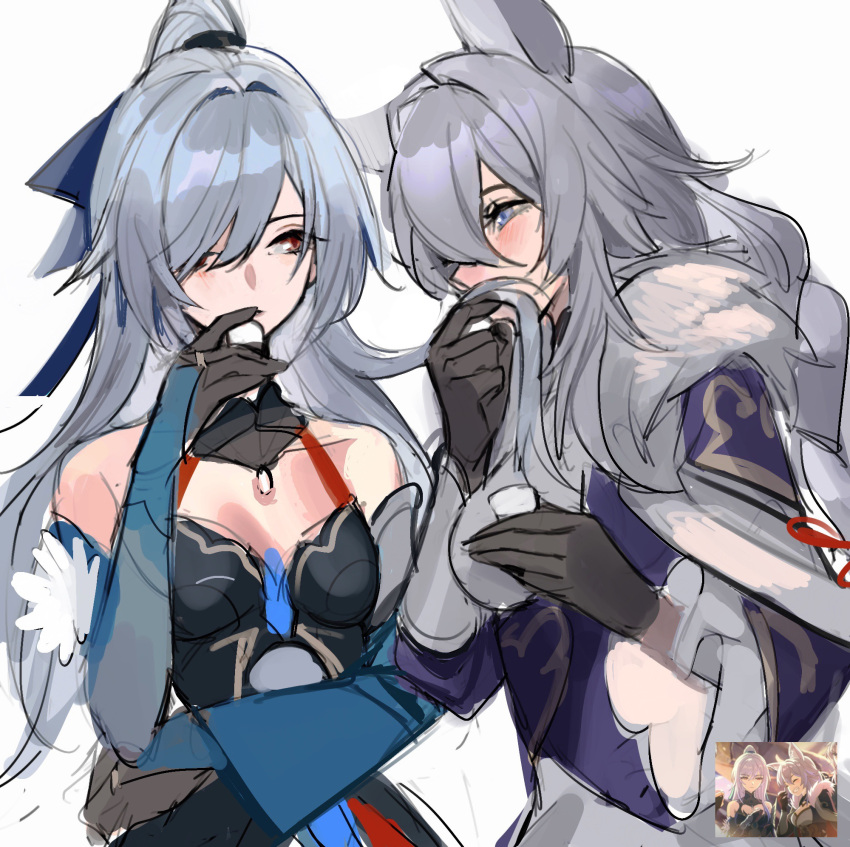 2girls animal_ears baiheng_(honkai:_star_rail) bare_shoulders black_dress black_gloves blue_eyes blue_hair blush chinese_commentary collarbone commentary_request covered_mouth cup detached_sleeves dress eye_contact fox_ears from_side fur-trimmed_dress fur_trim gloves grey_hair hair_between_eyes hair_intakes hand_up high_ponytail highres holding holding_another's_hair holding_cup honkai:_star_rail honkai_(series) jingliu_(honkai:_star_rail) long_hair looking_at_another looking_to_the_side mie_xing multicolored_hair multiple_girls purple_dress red_eyes reference_inset simple_background sketch smelling_hair streaked_hair swept_bangs two-tone_hair upper_body white_background yuri