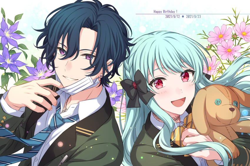 2boys amahashi_yukiya aqua_hair back-to-back black_bow blue_hair blue_necktie blush bow choker collared_shirt dated flower green_jacket grin hair_bow happy_birthday highres holding holding_stuffed_toy jacket jewelry long_hair long_sleeves looking_at_viewer mask mask_pull miwa_tomoe mouth_mask multiple_boys necklace necktie on_air! open_mouth pink_flower purple_flower red_eyes sekina shirt short_hair smile striped_necktie stuffed_animal stuffed_dog stuffed_toy surgical_mask upper_body violet_eyes white_shirt yellow_necktie