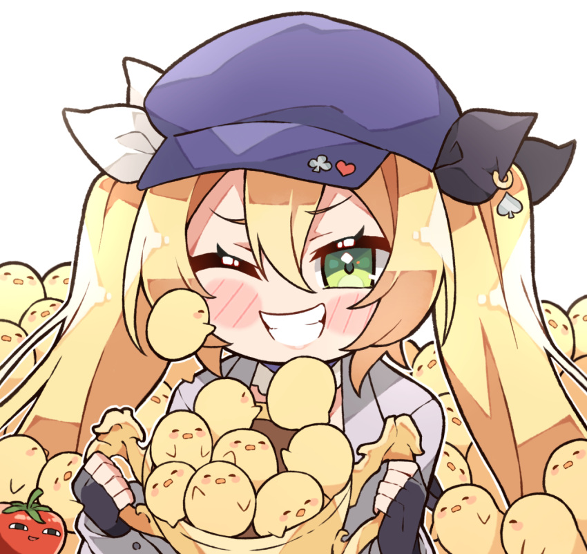 1girl baseball_cap bird black_gloves blue_headwear blush commentary dokibird_(vtuber) fingerless_gloves gloves green_eyes hair_between_eyes hat highres holding_trophy indie_virtual_youtuber kukie-nyan long_hair looking_at_viewer one_eye_closed sidelocks smile solo tomato too_many too_many_birds trophy twintails upper_body very_long_hair virtual_youtuber white_background yellow_bird