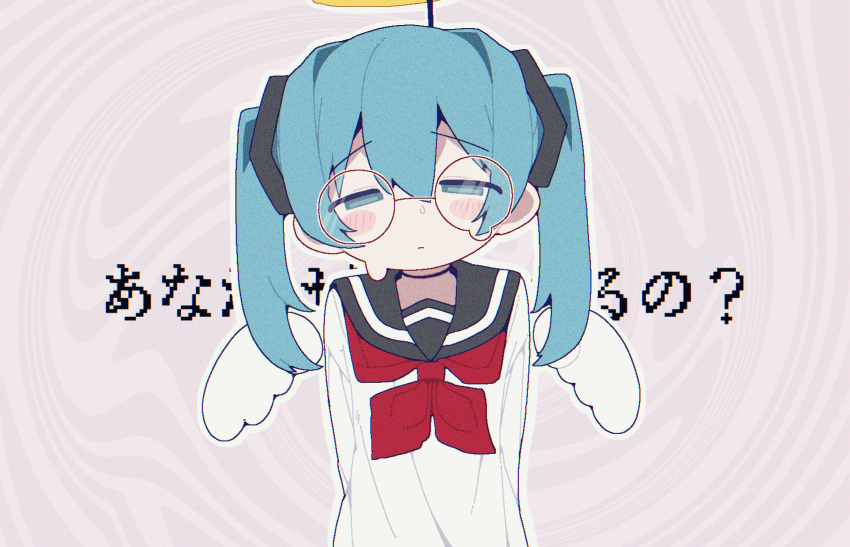 1girl abstract_background alternate_costume angel_wings banananosongen bespectacled black_choker black_sailor_collar blue_eyes blue_hair blush character_request check_character choker closed_mouth commentary_request detached_wings fake_halo glasses hair_ornament half-closed_eyes halo hatsune_miku highres long_sleeves looking_at_viewer neckerchief outline pink_background raised_eyebrows red_neckerchief round_eyewear sailor_collar school_uniform serafuku solo teardrop-framed_glasses twintails upper_body vocaloid white_outline wings