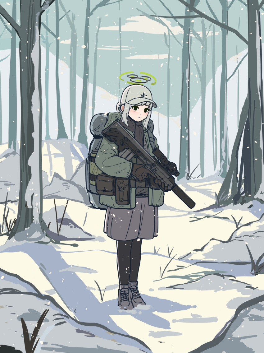 1girl bare_tree baseball_cap belt belt_pouch black_pantyhose black_scarf blue_archive blush brown_gloves bullpup coat commentary_request day forest full_body gloves green_coat green_halo gun halo hare_(blue_archive) hare_(camp)_(blue_archive) hat highres holding holding_gun holding_weapon kel-tec_rfb long_sleeves nature pantyhose parabellum pouch rifle scarf skirt snow solo standing tree weapon winter winter_clothes winter_coat