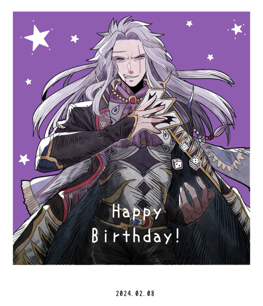 1boy armor card coat dice final_fantasy final_fantasy_vi grey_hair grin happy_birthday highres holding holding_card jewelry long_hair male_focus necklace nnnmmg0725 open_clothes open_coat patterned_clothing purple_background scar scar_across_eye scar_on_face scarf setzer_gabbiani smile star_(symbol) violet_eyes