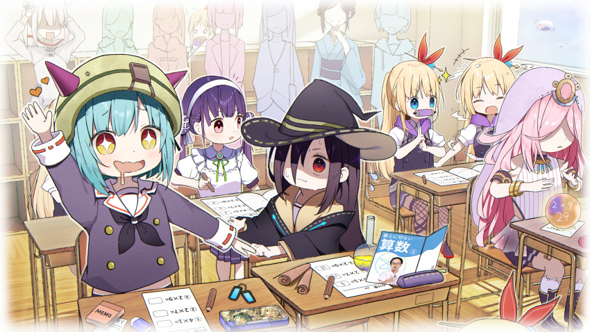 +++ +_+ 6+girls absurdres aged_down asymmetrical_bangs black_neckerchief black_robe blonde_hair blue_kimono bob_cut book bun_cover bungo_yayoi chair classroom clone closed_eyes crystal_ball desk double_bun dress drooling faceless faceless_female fake_horns fishnet_thighhighs fishnets flask flying_sweatdrops fur-trimmed_jacket fur_trim furrowed_brow green_headwear green_ribbon hair_bun hair_over_one_eye hands_on_own_head hat headband heart heaven_burns_red highres holding holding_pencil horned_headwear horns indoors jacket japanese_clothes kanzaki_adelheid kimono kuji-in leotard long_hair long_sleeves looking_at_another mouth_drool mouth_hold multicolored_eyes multiple_girls neck_ribbon neckerchief notice_lines obi open_mouth paper pencil pencil_case pink_hair pleated_skirt ponytail puffy_short_sleeves puffy_sleeves purple_hair purple_shirt purple_skirt red_eyes ribbon rinki_oohen robe round-bottom_flask sakuraba_seira sash satsuki_mari school_chair school_desk scroll shaded_face shirt short_hair short_sleeves sidelocks sitting skirt sleeve_cuffs sparkle standing team_31c_(heaven_burns_red) tenne_miko thigh-highs twintails v-shaped_eyebrows veil very_long_hair white_dress white_headband white_leotard wide_sleeves witch_hat yamawaki_bon_ivar yellow_eyes
