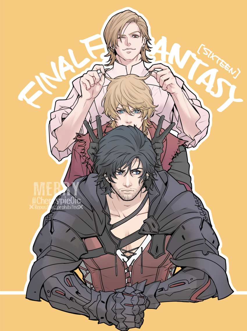 3boys black_cloak black_hair blonde_hair blue_eyes brothers brown_eyes bunny_ears_prank clive_rosfield cloak closed_mouth collarbone dion_lesage earrings facial_hair final_fantasy final_fantasy_xvi frilled_sleeves frills furrowed_brow hair_between_eyes hand_in_another's_hair highres hitsuji_merry jewelry joshua_rosfield male_focus medium_hair messy_hair metal_gloves multiple_boys neckerchief one_eye_closed orange_background pectorals red_neckerchief red_vest shirt siblings smile stubble swept_bangs twitter_username upper_body v vambraces vest white_shirt