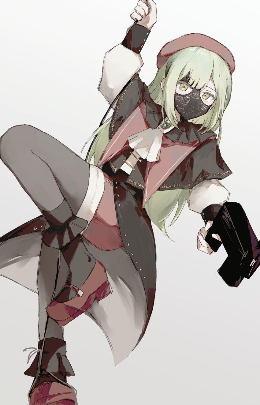 1girl absurdres aiming ascot bang_dream! bang_dream!_it's_mygo!!!!! beret black_coat black_pantyhose coat commentary_request green_brooch green_hair gun hat highres holding holding_gun holding_weapon leg_up long_hair long_sleeves mask masquerade_mask pann_(1202zzzx00) pantyhose red_headwear red_shorts shorts sidelocks simple_background solo wakaba_mutsumi weapon white_ascot white_background yellow_eyes