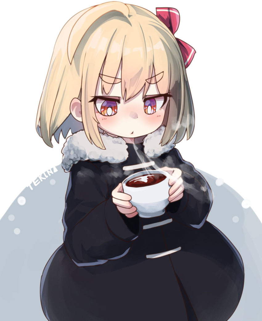 1girl alternate_costume artist_name black_cape blonde_hair bright_pupils cape cup fur-trimmed_hood fur_trim hair_ribbon highres holding holding_cup hood looking_at_food medium_hair red_eyes ribbon rumia simple_background sitting steam tekina_(chmr) thick_eyebrows touhou triangle_mouth white_background white_pupils