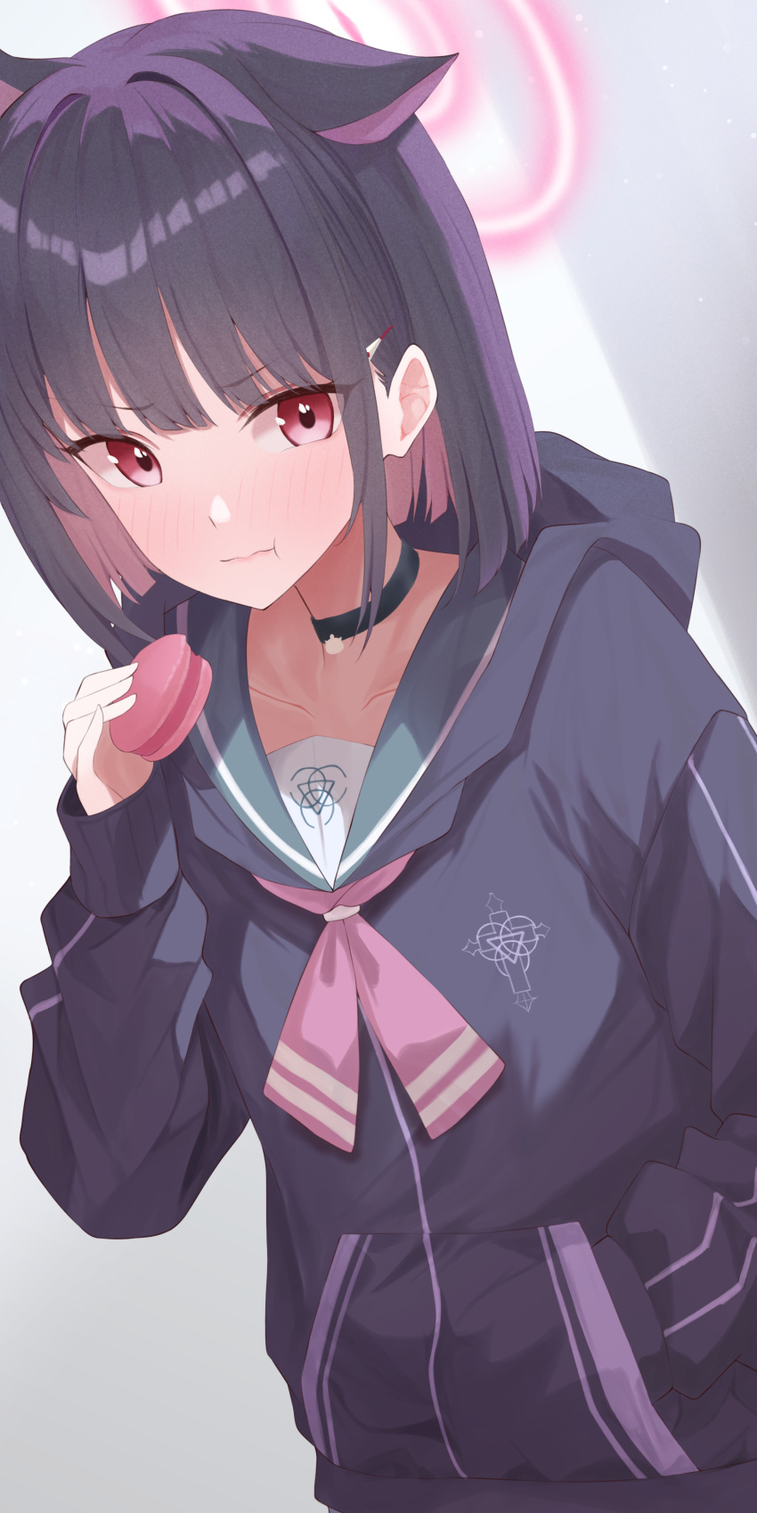 1girl absurdres animal_ears black_choker black_hair black_jacket blue_archive blush cat_ears choker closed_mouth colored_inner_hair extra_ears food hair_ornament hairclip halo highres holding holding_food hood hood_down hooded_jacket jacket kazusa_(blue_archive) long_sleeves looking_at_viewer macaron multicolored_hair nvem8738 pink_hair pink_halo red_eyes short_hair solo