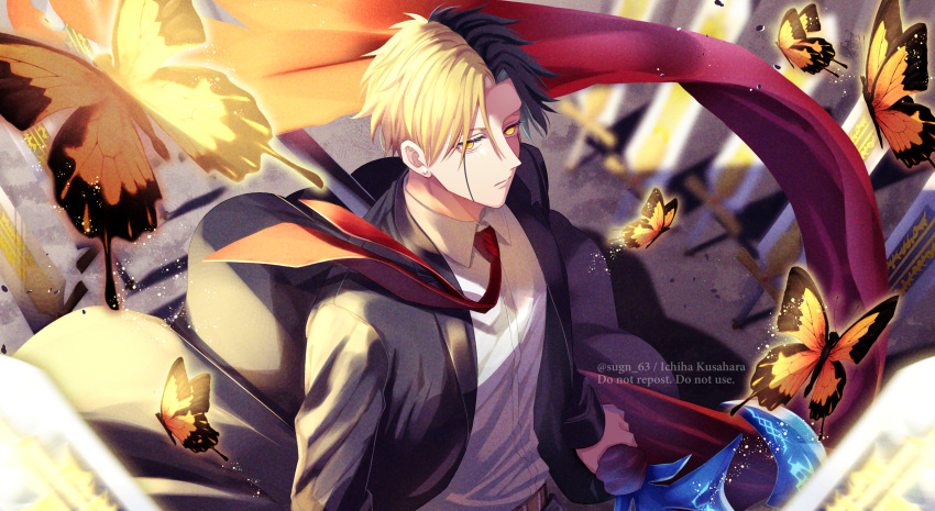 1boy black_coat black_hair blonde_hair bug butterfly closed_mouth coat collared_shirt highres holding holding_weapon light mashle multicolored_hair necktie rayne_ames red_necktie shadow shirt sogen_ichi_wa sword two-tone_hair weapon white_shirt yellow_eyes