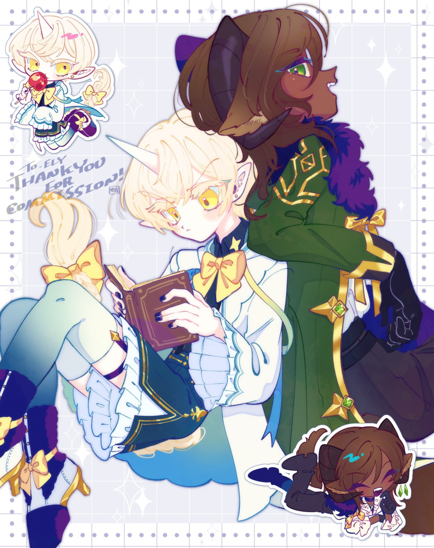2boys :&lt; androgynous animal_ears black_gloves blonde_hair blue_nails blue_shorts book bow bowtie braided_tail brown_hair chibi chibi_inset closed_mouth coat collared_shirt colored_eyelashes commission curled_horns dark-skinned_male dark_skin english_text foot_out_of_frame footwear_bow frilled_shorts frilled_sleeves frills fur_collar fur_trim gloves green_coat green_eyes green_thighhighs grey_background grid_background hands_up high-waist_shorts high_heels highres holding holding_book horns horse_tail legwear_garter long_eyelashes long_hair long_sleeves looking_at_object looking_at_viewer male_focus multiple_boys open_mouth original pointy_ears reading shirt short_hair shorts single_horn skeb_commission sparkle_background tail tail_bow tail_ornament takoya_de thank_you thick_eyelashes thigh-highs unicorn_boy unicorn_horn white_coat wide_sleeves yellow_bow yellow_bowtie yellow_eyes