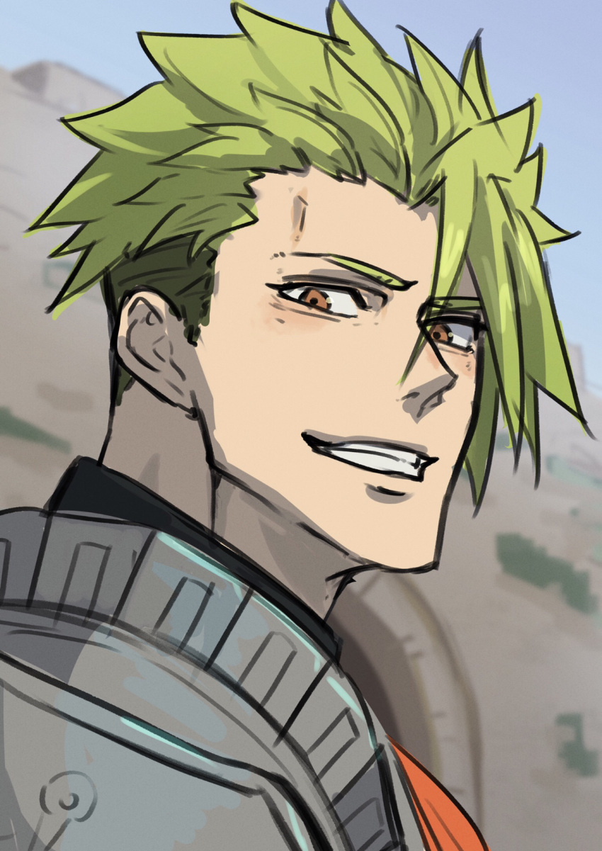 1boy achilles_(fate) armor blurry blurry_background brown_eyes fate/grand_order fate_(series) from_side green_hair grin haruakira highres injury looking_at_viewer male_focus short_hair sideburns sketch smile solo undercut upper_body