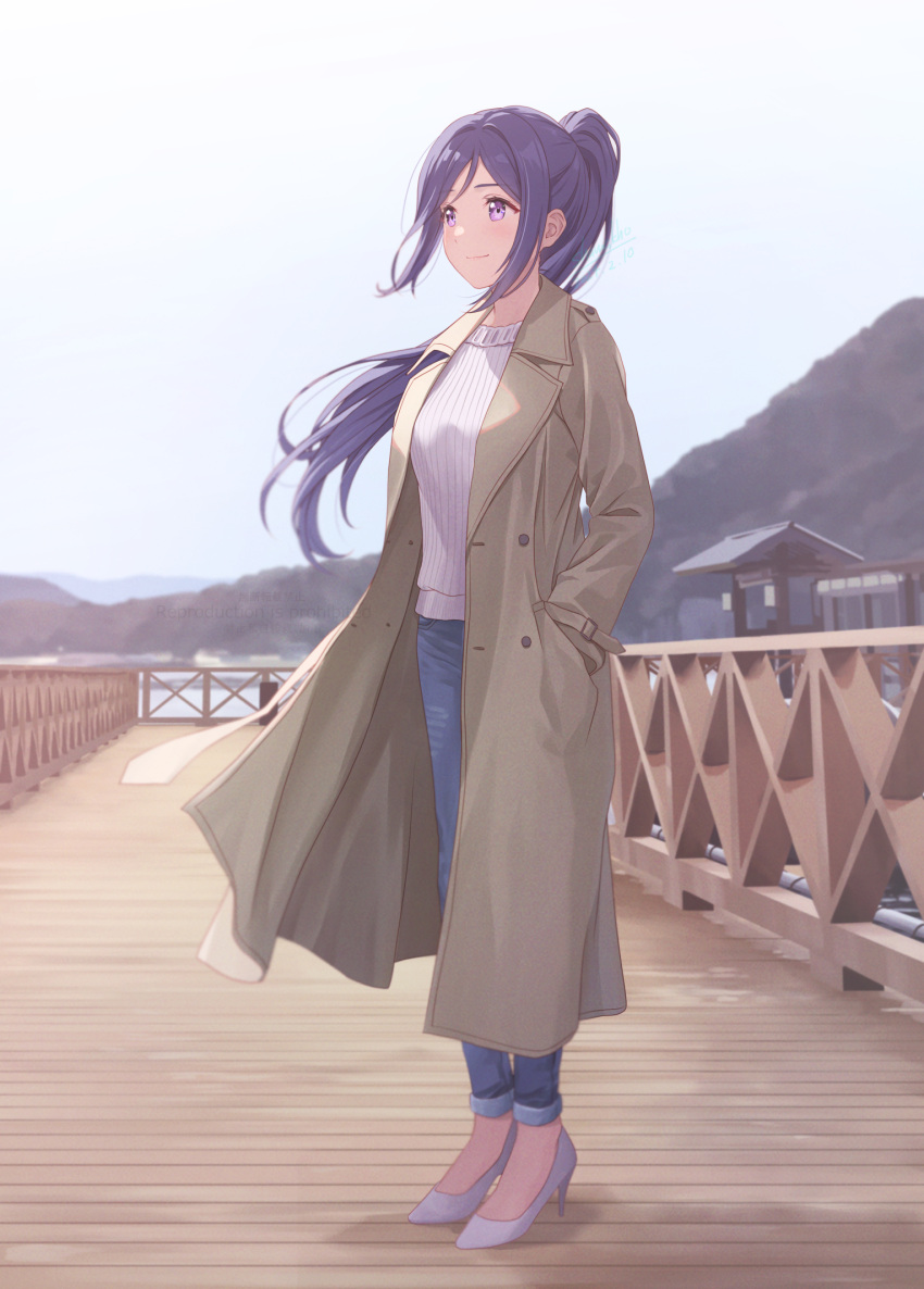 1girl blue_hair blue_pants brown_coat closed_mouth coat commentary_request day denim full_body hands_in_pockets high_heels highres jeans lake long_coat long_hair long_sleeves looking_ahead love_live! love_live!_sunshine!! matsuura_kanan mountainous_horizon outdoors pants ponytail ribbed_sweater shamakho sky smile solo standing sweater violet_eyes white_sweater wooden_bridge