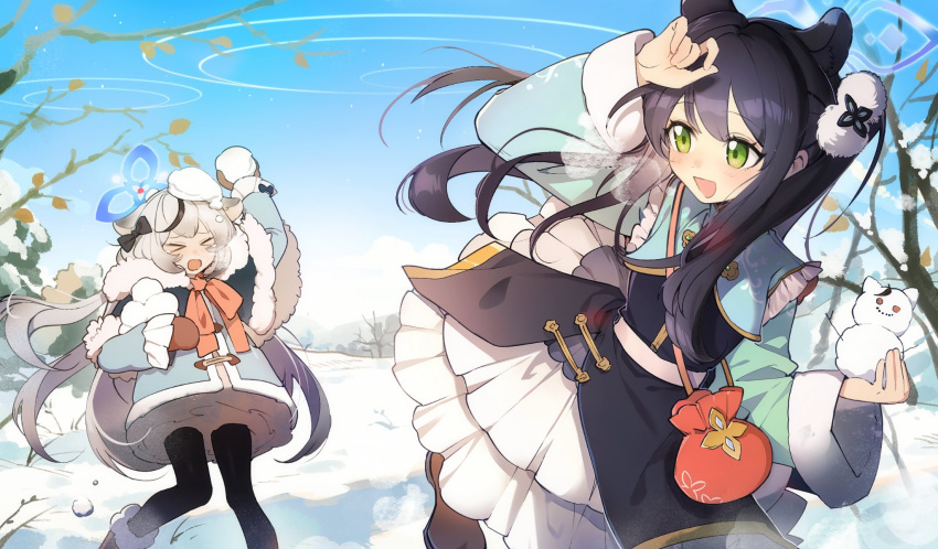 &gt;_&lt; 2girls alternate_costume animal_ears black_hair black_pantyhose blue_archive blue_coat blue_halo blush boots brown_footwear brown_mittens coat day extra_ears fur-trimmed_boots fur_trim green_eyes grey_hair halo highres holding_snowball kokona_(blue_archive) long_hair long_sleeves mittens multicolored_hair multiple_girls olopheris open_mouth outdoors pantyhose shun_(blue_archive) shun_(small)_(blue_archive) smile snow snowman streaked_hair tiger_ears