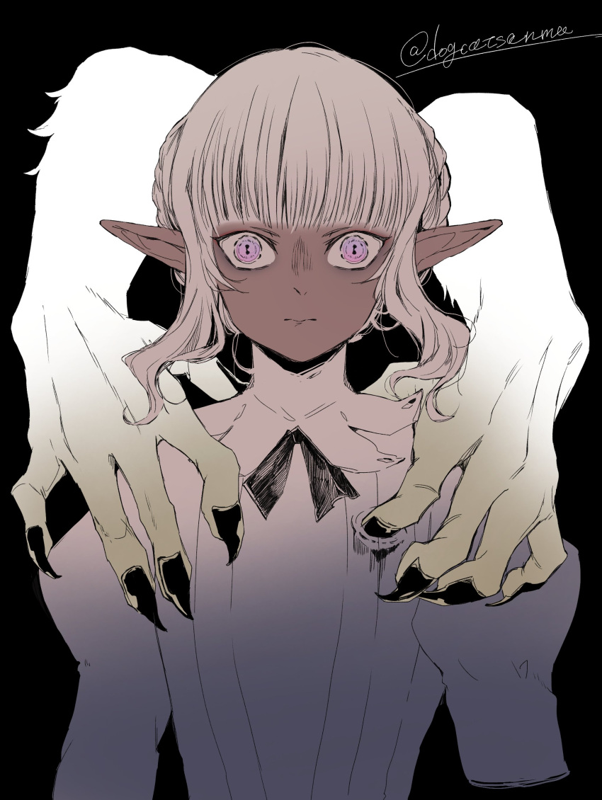 1boy 3: absurdres androgynous angry black_background blunt_bangs braid closed_mouth dark-skinned_male dark_skin disembodied_limb dogcatsanma dungeon_meshi elf fingernails hands_on_another's_shoulders highres juliet_sleeves long_sleeves looking_at_viewer male_focus partially_colored pointy_ears puffy_sleeves purple_theme sharp_fingernails sidelocks simple_background solo_focus straight-on symbol-shaped_pupils thistle_(dungeon_meshi) twitter_username updo upper_body violet_eyes winged_lion_(dungeon_meshi)