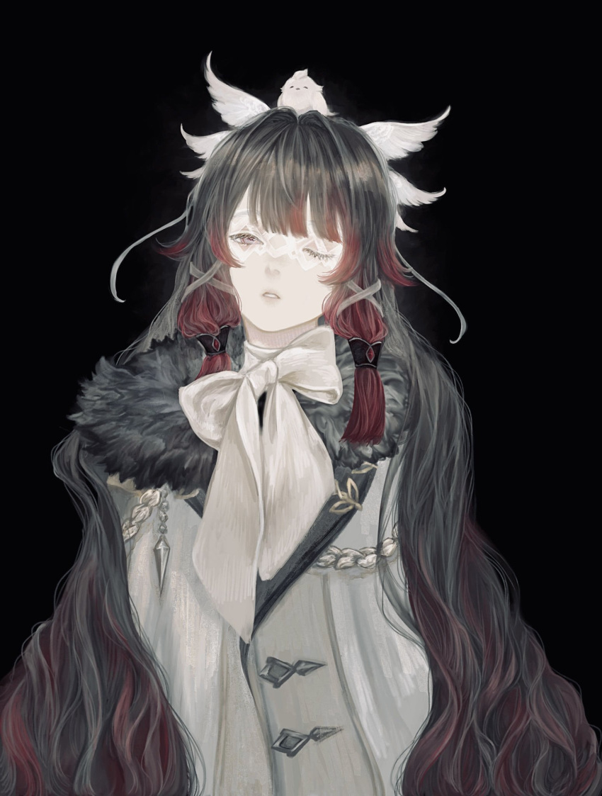 1girl aiguillette animal animal_on_head bird bird_on_head black_hair blunt_tresses bow bowtie cloak closed_eyes columbina_(genshin_impact) exhausted eye_mask fur-trimmed_cloak fur_trim genshin_impact grey_cloak hair_flaps hair_ribbon hair_tubes hashtag_only_commentary highres long_hair low-tied_sidelocks multicolored_hair on_head one_eye_closed parted_lips redhead ribbon shirone_(coxo_ii) simple_background solo streaked_hair tress_ribbon two-tone_hair upper_body very_long_hair white_bow white_bowtie wing_hair_ornament