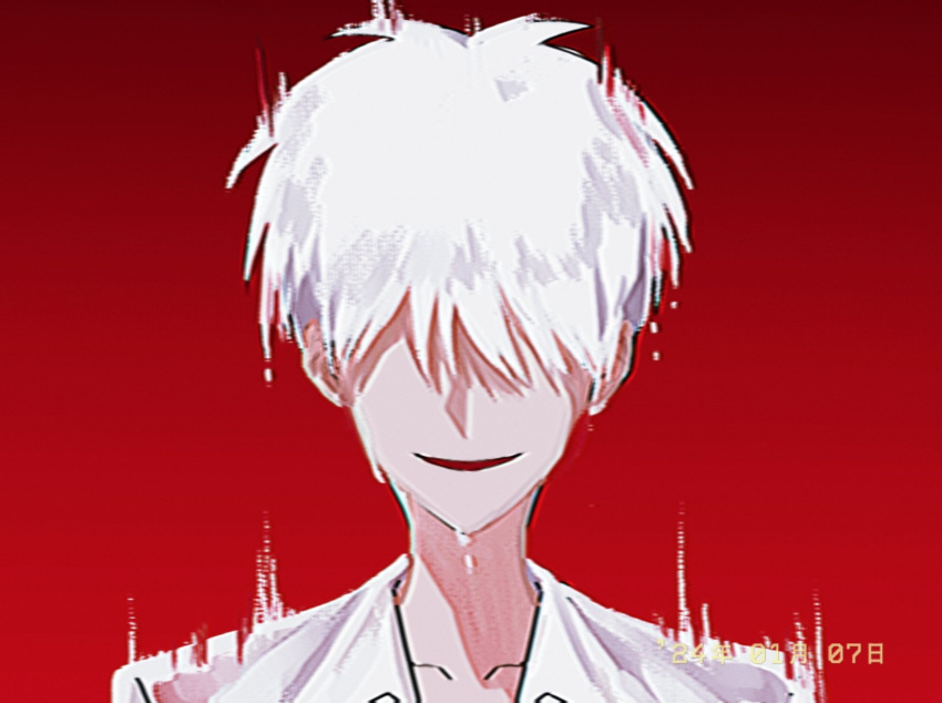 1boy akagi:_yami_ni_oritatta_tensai akagi_shigeru commentary_request dated fukumoto_mahjong hair_between_eyes hair_over_eyes highres korean_commentary long_bangs male_focus open_mouth red_background siho_is_alien simple_background smile solo static upper_body white_hair