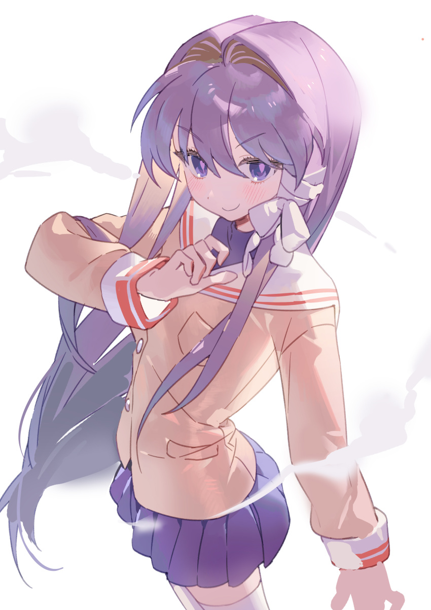 &gt;:) 1girl absurdres arm_at_side backlighting blazer blue_skirt blush bright_pupils clannad closed_mouth commentary_request foreshortening fujibayashi_kyou hair_between_eyes hair_intakes hair_ribbon hand_up highres hikarizaka_private_high_school_uniform jacket korean_commentary long_hair looking_at_viewer miniskirt pleated_skirt purple_hair ribbon sailor_collar school_uniform seoji sidelocks simple_background skirt smile smug solo straight_hair thigh-highs tress_ribbon v-shaped_eyebrows very_long_hair violet_eyes white_background white_ribbon white_sailor_collar white_thighhighs yellow_jacket zettai_ryouiki