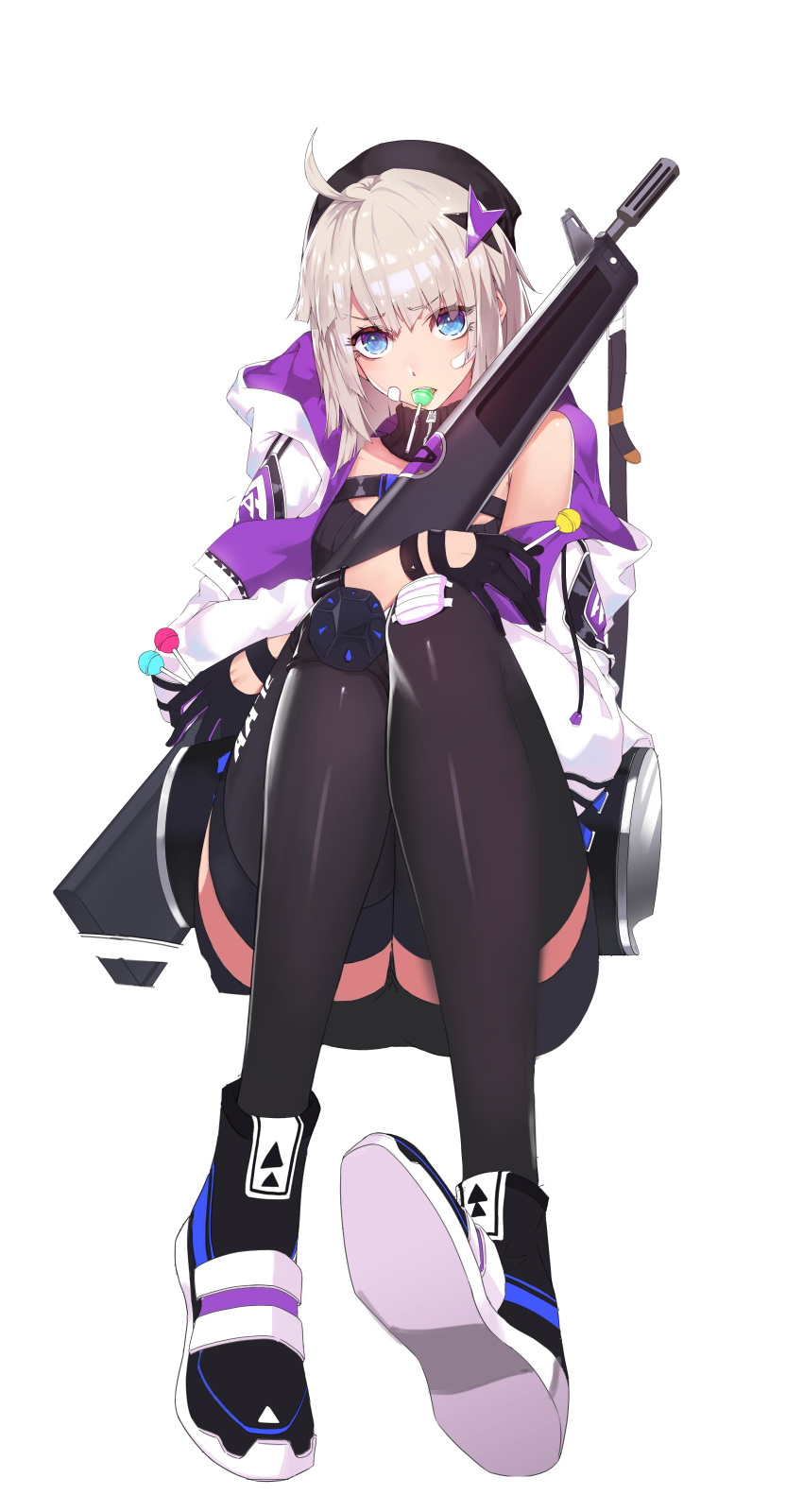 1girl aa-12 aa-12_(girls'_frontline) absurdres ahoge bandaid bandaid_on_cheek bandaid_on_face bandaid_on_knee bandaid_on_leg black_footwear black_gloves black_headwear black_shorts black_thighhighs blue_eyes candy dpwlsgns12 food food_in_mouth girls_frontline gloves grey_hair gun hair_ornament hat highres holding holding_candy holding_food holding_gun holding_lollipop holding_weapon hood hooded_jacket jacket knee_pads lollipop looking_at_viewer medium_hair multicolored_clothes multicolored_jacket open_clothes open_jacket purple_jacket shoes shorts shotgun single_knee_pad sitting sneakers solo star_(symbol) star_hair_ornament thigh-highs two-tone_jacket weapon white_background white_jacket