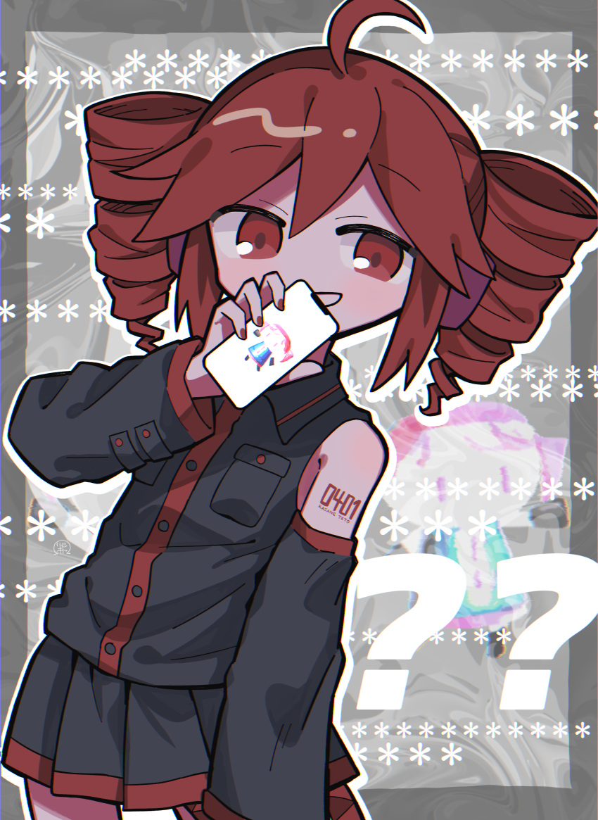 1girl ? ?? absurdres ahoge asterisk_(symbol) black_shirt black_skirt black_sleeves blush border cellphone cellphone_photo chibi chibi_inset collared_shirt commentary_request contrapposto cowboy_shot detached_sleeves drill_hair grey_background grey_border hand_up headphones highres hito_mania_(utau) holding holding_phone kasane_teto looking_at_viewer number_tattoo open_mouth outline outside_border phone red_eyes redhead richard_(richaball) shirt shoulder_tattoo skirt sleeveless sleeveless_shirt smartphone smile standing tattoo twin_drills utau white_outline