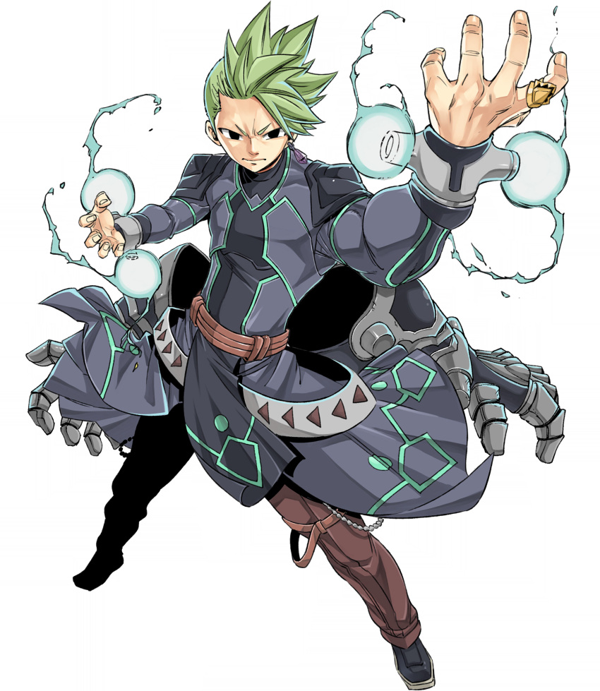 1boy belt black_eyes brown_belt brown_pants coat full_body gate_of_nightmares green_hair grey_coat highres jackson_(gate_of_nightmares) jewelry long_coat looking_at_viewer magic mashima_hiro official_art pants ring shoes short_hair simple_background solo spiky_hair transparent_background