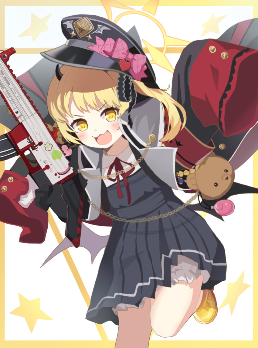 1girl absurdres armband black_coat black_dress black_headwear black_wings blonde_hair bloomers blue_archive coat collared_shirt dress gun halo hat highres holding holding_gun holding_weapon homulily ibuki_(blue_archive) long_hair open_clothes open_coat peaked_cap red_armband shirt side_ponytail sleeves_past_fingers sleeves_past_wrists solo weapon white_bloomers white_shirt wings yellow_eyes yellow_halo