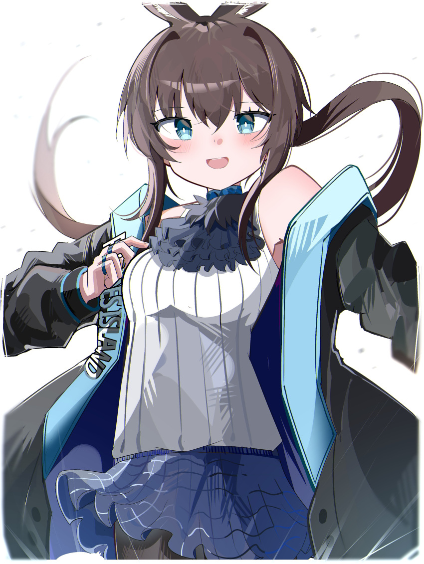 1girl absurdres amiya_(arknights) animal_ear_fluff animal_ears arknights bare_shoulders black_jacket black_pantyhose blue_eyes blue_skirt breasts brown_hair commentary_request floating_hair hair_between_eyes highres jacket jewelry long_hair long_sleeves off_shoulder open_clothes open_jacket pantyhose puffy_long_sleeves puffy_sleeves rabbit_ears ring shirt sidelocks simple_background skirt sleeveless sleeveless_shirt small_breasts solo spam_(spamham4506) standing very_long_hair white_background white_shirt