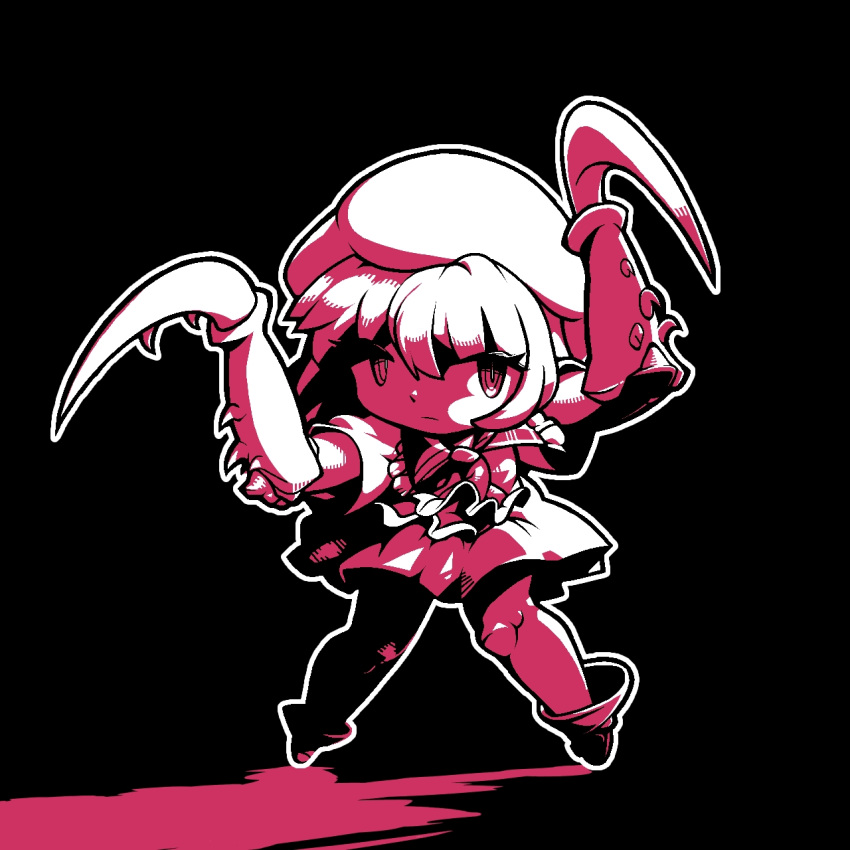 1girl arthropod_girl ascot closed_mouth commentary_request cookie_(touhou) expressionless full_body hair_between_eyes hat high_contrast highres hisaka_(cookie) looking_at_viewer mantis_girl medium_bangs mob_cap monochrome red_theme remilia_scarlet shirt short_hair short_sleeves skirt solo standing tonchamon_san touhou