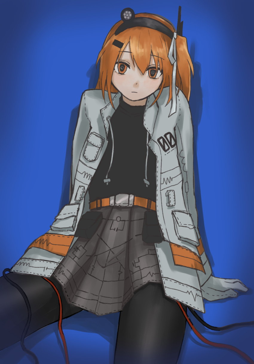 1girl 92-ban a.i._voice adachi_rei arm_support belt belt_pouch black_pantyhose black_shirt cable closed_mouth cowboy_shot expressionless gloves grey_skirt hair_ribbon head_tilt headlamp highres long_sleeves looking_at_viewer one_side_up orange_belt orange_eyes orange_hair pantyhose pleated_skirt pouch radio_antenna ribbon shirt shirt_tucked_in sitting skirt solo spread_legs utau white_gloves white_ribbon