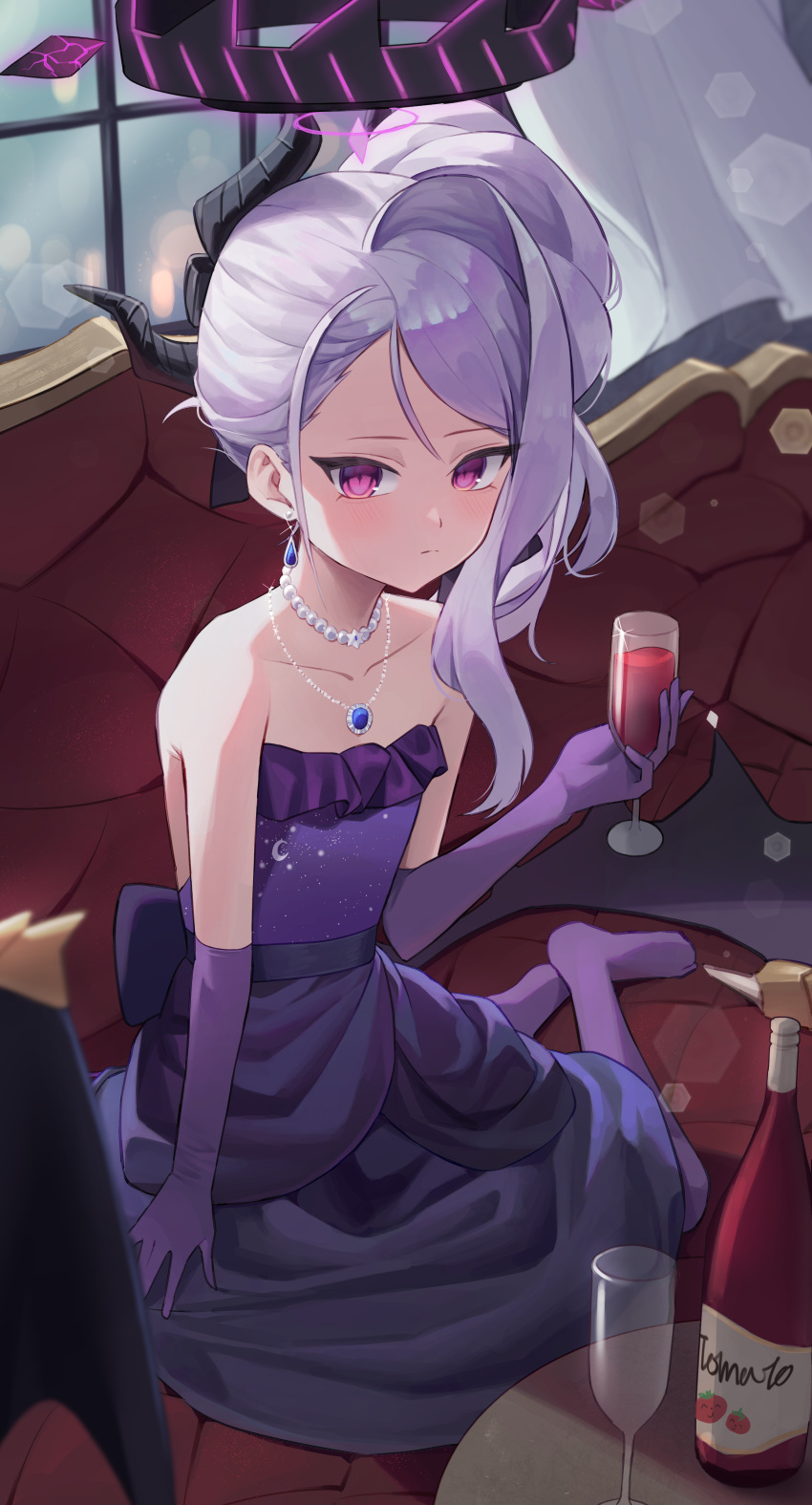 1girl absurdres black_horns black_wings blue_archive blush closed_mouth cup demon_horns demon_wings dress elbow_gloves flat_chest gloves grey_hair halo highres hina_(blue_archive) hina_(dress)_(blue_archive) holding holding_cup horns juice jyon_(xrmn8737) long_hair looking_at_viewer multiple_horns official_alternate_costume official_alternate_hairstyle pantyhose purple_dress purple_gloves purple_pantyhose sitting solo strapless strapless_dress tomato_juice violet_eyes wings yokozuwari