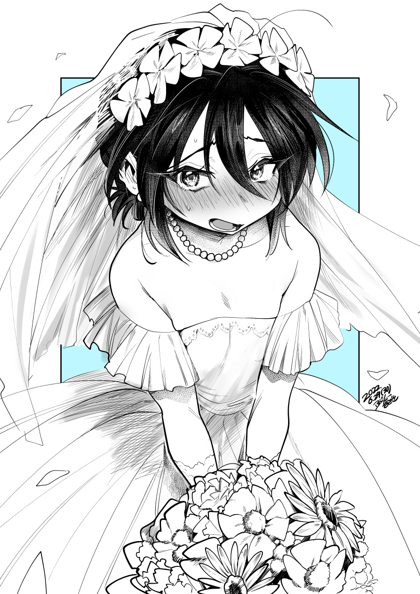 1girl 2022 absurdres bare_shoulders bead_necklace beads blush bouquet bridal_veil commentary_request do_chokkyuu_kareshi_x_kanojo dress earrings flat_chest flower fujita_(umeeda_fuji) greyscale greyscale_with_colored_background hair_flower hair_ornament highres holding holding_bouquet jewelry long_hair monochrome necklace off-shoulder_dress off_shoulder petals signature solo sweat upper_body veil wakamiya_riko