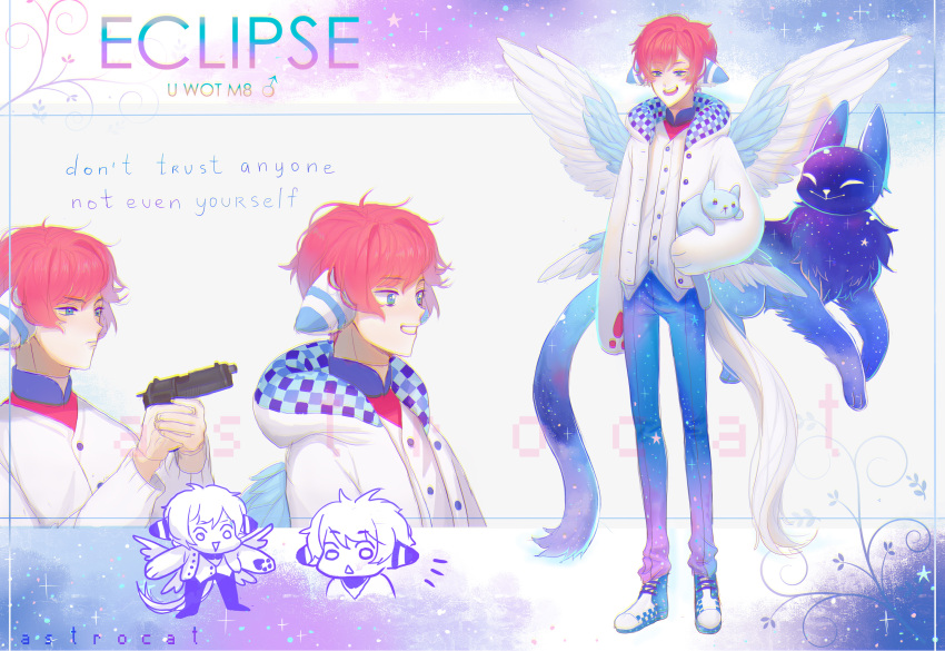 1boy absurdres angel_wings animal animal_ears artist_name astrocatsama asymmetrical_bangs black_collar blue_eyes blue_footwear blue_hood blue_pants buttons cat character_name chibi chibi_inset coat collar collared_shirt commentary cropped_torso denim english_commentary english_text feathered_wings full_body furrowed_brow gradient_pants grid_hood gun handgun highres holding holding_animal holding_cat holding_gun holding_weapon hood hood_down hooded_coat jeans light_blush light_frown mars_symbol multiple_views multiple_wings open_mouth original pants paw_sleeves red_shirt redhead reference_sheet shirt shoes short_hair simple_background sleeves_past_fingers sleeves_past_wrists smoke sneakers space space_print starry_sky_print tail two-sided_hood two-tone_footwear upper_body vest watermark weapon white_background white_coat white_footwear white_sleeves white_vest white_wings wings