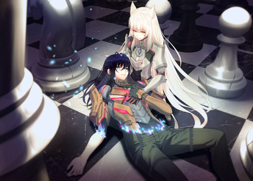 1boy 1girl animal_ear_fluff animal_ears armor black_hair blue_eyes cat_ears chess_piece closed_mouth commentary_request crossed_bangs cyacyacyacyaki from_above highres indoors knight_(chess) long_hair lying m_(xenoblade) n_(xenoblade) on_back parted_lips pawn_(chess) pillar sitting smile spoilers teeth white_hair xenoblade_chronicles_(series) xenoblade_chronicles_3 yellow_eyes