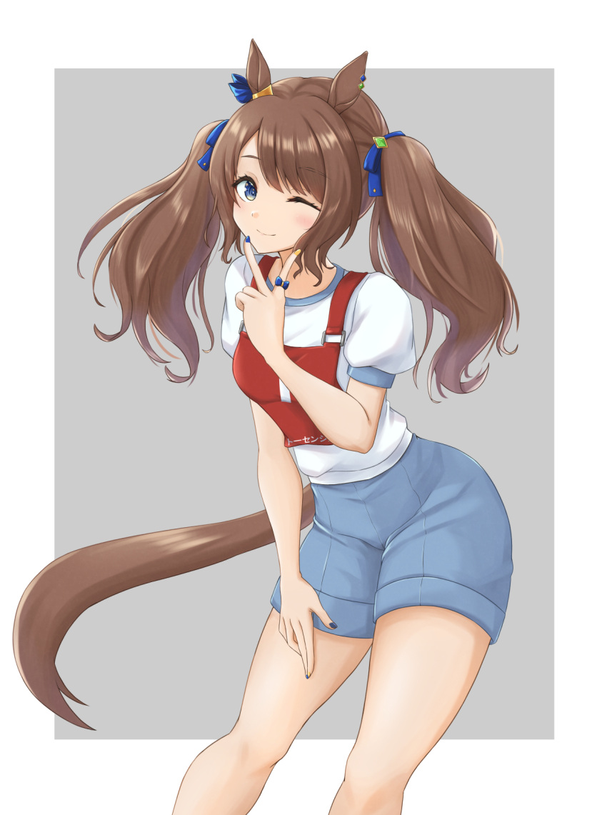 1girl animal_ears blue_eyes blue_ribbon blue_shorts brown_hair character_name closed_mouth commentary grey_background gym_shirt gym_shorts gym_uniform hair_ribbon hand_on_own_thigh highres horse_ears horse_girl horse_tail jewelry kemuri_(etep3372) leaning_forward long_hair looking_at_viewer nail_polish one_eye_closed race_bib ribbon ring shirt short_sleeves shorts smile solo standing t-shirt tail tosen_jordan_(umamusume) translated twintails umamusume v v_over_mouth white_shirt