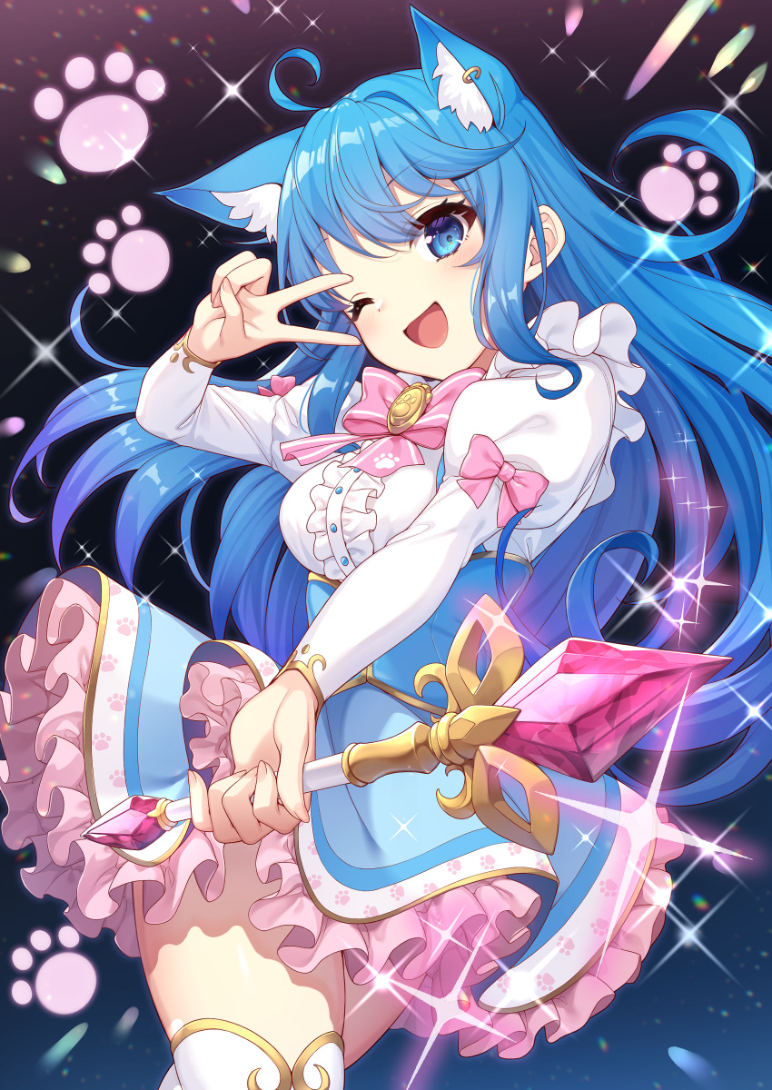 1girl :d absurdres ahoge alternate_costume animal_ear_piercing animal_ears blue_eyes blue_hair blue_skirt blush bow bowtie buttons cat_brooch center_frills commentary_request cowboy_shot dog_ears dog_girl earrings frills highres holding holding_wand jewelry juliet_sleeves long_hair long_sleeves looking_at_viewer magical_girl medium_bangs nanashi_inc. nishino_eri one_eye_closed open_mouth petticoat pink_bow pink_bowtie pink_gemstone puffy_sleeves shirt single_earring skirt sleeve_bow smile solo souya_ichika sparkle v_over_eye very_long_hair virtual_youtuber wand white_shirt