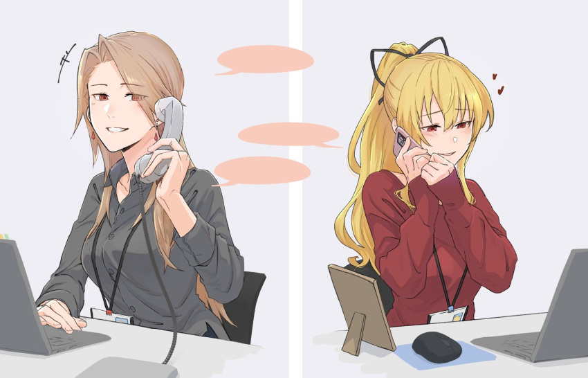 2girls black_bow blonde_hair blush bow breasts brown_hair cellphone chair collarbone corded_phone couple granblue_fantasy grey_shirt hair_bow high_ponytail highres holding holding_phone indoors katalina_(granblue_fantasy) long_hair medium_breasts miso-ha_(ukyuu) multiple_girls office_chair open_mouth phone ponytail red_eyes red_sleeves shirt smartphone smile speech_bubble straight_hair swivel_chair talking talking_on_phone vira_(granblue_fantasy) yuri