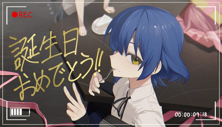 3girls battery_indicator black_ribbon blue_hair blurry blurry_background bocchi_the_rock! cake cake_slice collared_shirt earrings face_down flying_sweatdrops food food_on_face fork gotoh_hitori highres holding holding_fork jewelry kita_ikuyo long_sleeves looking_at_viewer multiple_girls neck_ribbon pink_hair pleated_skirt recording ribbon shirt short_hair skirt stud_earrings table utensil_in_mouth v viewfinder white_shirt yamad_urian yamada_ryo yellow_eyes