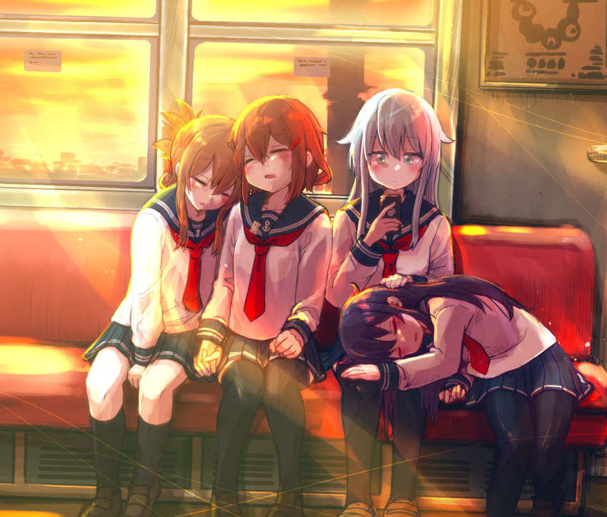 4girls akatsuki_(kancolle) anchor_symbol bench between_legs black_pantyhose black_socks black_thighhighs blue_eyes blue_sailor_collar blue_skirt blush bob_cut brown_footwear brown_hair cellphone closed_eyes dress_shirt dusk folded_hair folded_ponytail hair_between_eyes hair_ornament hair_up hairclip hand_between_legs hand_on_lap head_on_another's_shoulder heads_together hibiki_(kancolle) highres holding holding_hands holding_phone ikazuchi_(kancolle) inazuma_(kancolle) kantai_collection lap_pillow light_rays loafers long_hair long_sleeves looking_at_phone lying multiple_girls neckerchief on_bench on_side open_mouth pantyhose parted_lips phone pleated_skirt purple_hair red_neckerchief sailor_collar school_uniform serafuku shirt shoes short_hair siblings side-by-side sisters sitting skirt sleeping smartphone socks sunbeam sunlight sunset thigh-highs unagiman white_hair white_shirt window
