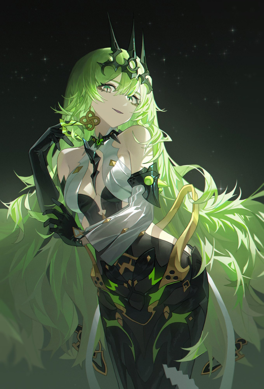 1girl backless_outfit black_bridal_gauntlets black_dress black_pantyhose breasts bridal_gauntlets claws collar crown crown_hair_ornament dress earrings green_hair grey_eyes highres honkai_(series) honkai_impact_3rd jewelry lettereast light_particles long_hair looking_at_viewer medium_breasts metal mobius_(honkai_impact) naughty_face night night_sky open_clothes pantyhose simple_background sky slit_pupils smile snake_girl solo spiked_collar spikes starry_background very_long_hair white_dress