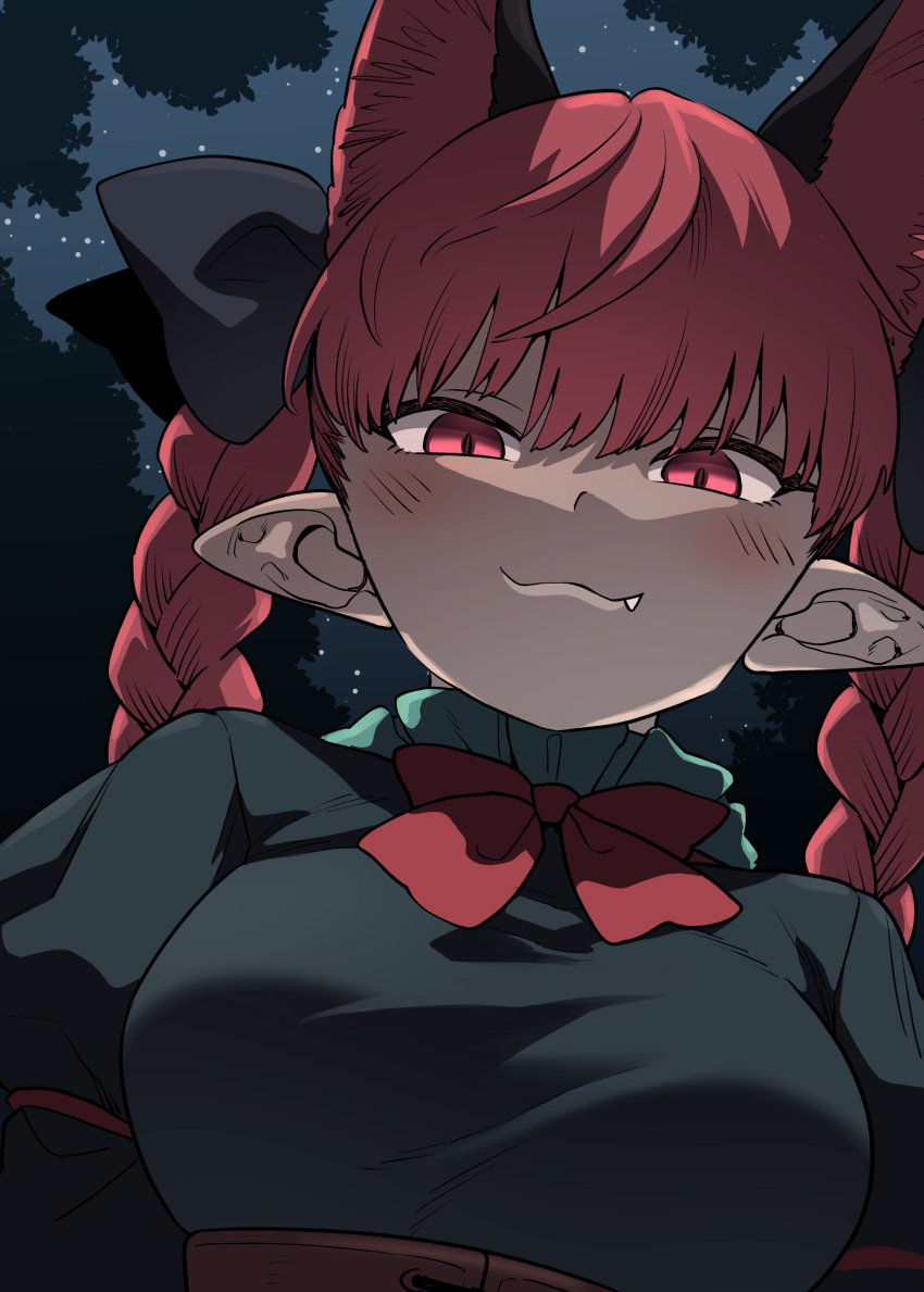 1girl absurdres animal_ears blush braid breasts cat_ears cat_girl closed_mouth commentary_request extra_ears fang fuuzasa highres kaenbyou_rin looking_at_viewer night outdoors pointy_ears red_eyes redhead side_braids sky solo star_(sky) starry_sky touhou twin_braids upper_body