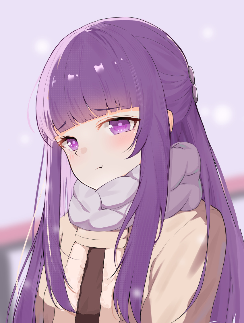 1girl absurdres blunt_bangs blurry blurry_background brown_coat closed_mouth coat fern_(sousou_no_frieren) fur_trim hair_ornament highres hongga_(joyw) long_hair looking_at_viewer outdoors pout purple_hair purple_pupils purple_scarf scarf snowing solo sousou_no_frieren upper_body violet_eyes