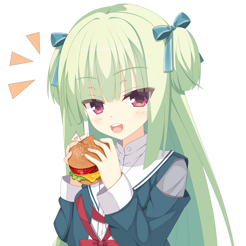1girl absurdres blue_ribbon blunt_bangs blunt_ends blush burger collared_shirt commentary_request eyes_visible_through_hair food food_on_face green_hair green_jacket hair_ribbon hands_up highres hime_cut holding holding_food jacket kaon_zz long_hair long_sleeves looking_at_viewer murasame_(senren) notice_lines official_alternate_costume open_mouth red_eyes red_ribbon ribbon sailor_collar school_uniform senren_banka serafuku shirt sidelocks simple_background smile solo straight_hair teeth tsurime two_side_up upper_teeth_only very_long_hair white_background white_sailor_collar white_shirt