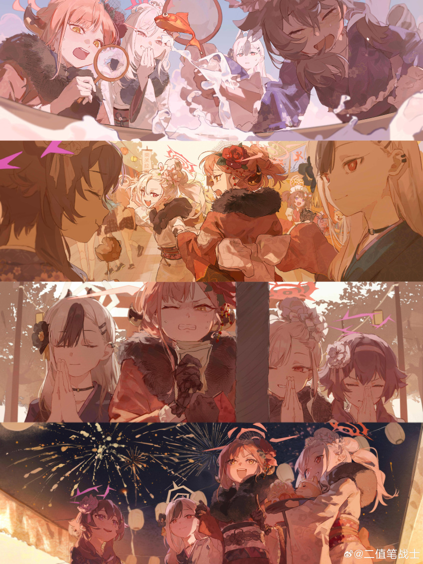 6+girls absurdres aerial_fireworks aru_(blue_archive) aru_(new_year)_(blue_archive) black_gloves black_horns black_kimono blue_archive blush brown_horns chinese_commentary clenched_teeth closed_eyes closed_mouth demon_horns fireworks flower gloves grey_halo grin hair_between_eyes hair_flower hair_ornament halo haruka_(blue_archive) haruka_(new_year)_(blue_archive) highres horns hoshino_(blue_archive) japanese_clothes kayoko_(blue_archive) kayoko_(new_year)_(blue_archive) kimono long_hair long_sleeves medium_hair multiple_girls mutsuki_(blue_archive) mutsuki_(new_year)_(blue_archive) nonomi_(blue_archive) obi official_alternate_costume official_alternate_hairstyle one_eye_closed open_mouth pink_eyes pink_flower pink_hair pink_halo pointy_ears problem_solver_68_(blue_archive) purple_hair purple_halo purple_kimono red_eyes red_halo red_kimono sash shiroko_(blue_archive) shizuko_(blue_archive) smile teeth violet_eyes white_hair white_kimono wide_sleeves yellow_eyes yu1619khz