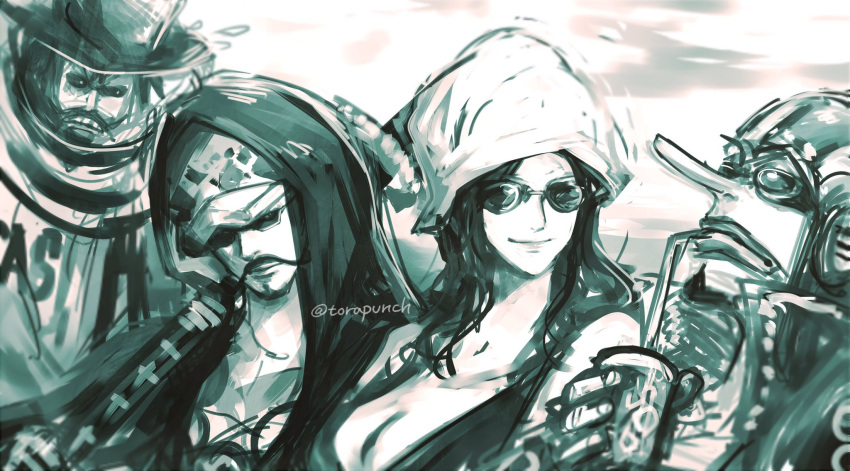caesar_clown commentary_request drinking drinking_straw facial_hair fake_facial_hair fake_mustache goatee goggles hat highres hood hooded_coat long_nose looking_at_another monochrome nico_robin one_piece smile sunglasses sword torapunch trafalgar_law twitter_username upper_body usopp weapon