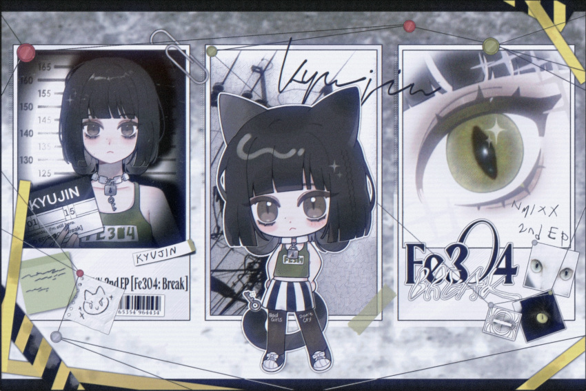 1girl album_name animal_ears animification black_footwear black_hair black_pantyhose blunt_bangs blush cat cat_ears cat_tail commentary frown green_eyes green_tank_top highres holding holding_sign k-pop kemonomimi_mode key kyujin_(nmixx) nmixx o_bianyi_didi_shu_o pantyhose paperclip photo_(object) pleated_skirt real_life shoes short_hair sign skirt slit_pupils sneakers sparkle sticky_note symbol-only_commentary tail tank_top white_background