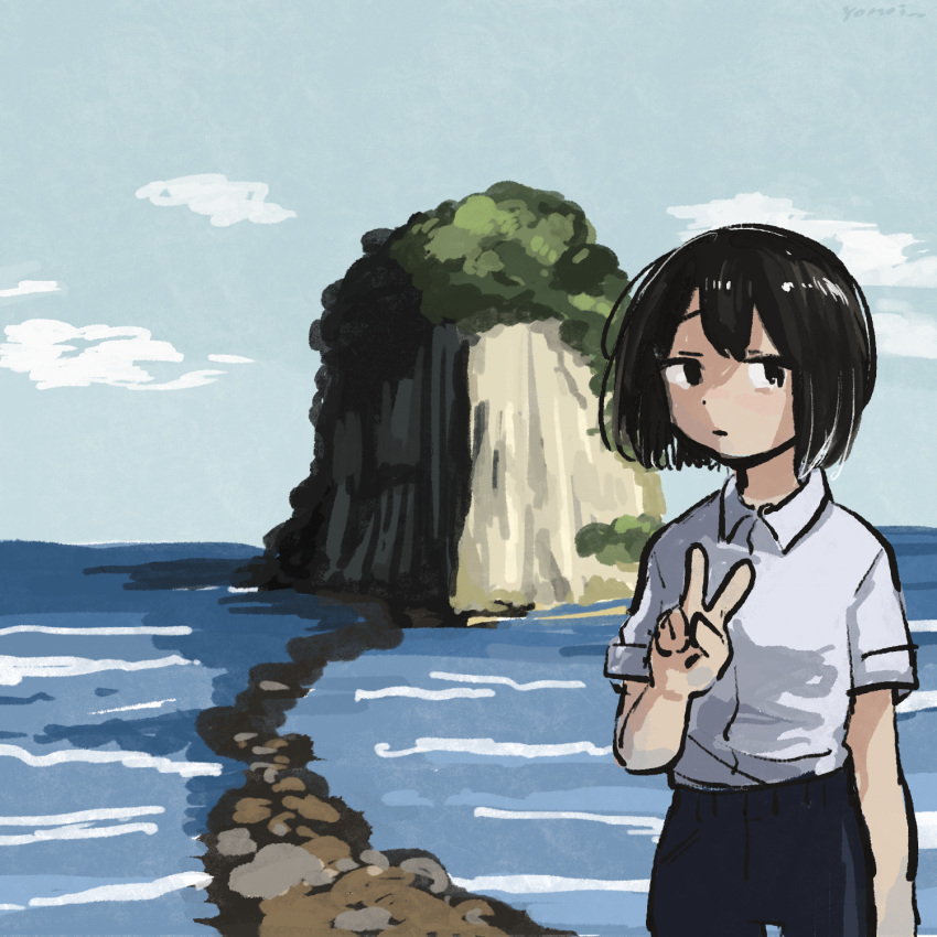 1girl black_hair black_pants blue_sky clouds collared_shirt commentary_request expressionless highres island long_hair looking_at_viewer ocean original outdoors pants shirt short_hair short_sleeves sky solo very_long_hair white_shirt yomoi_nui